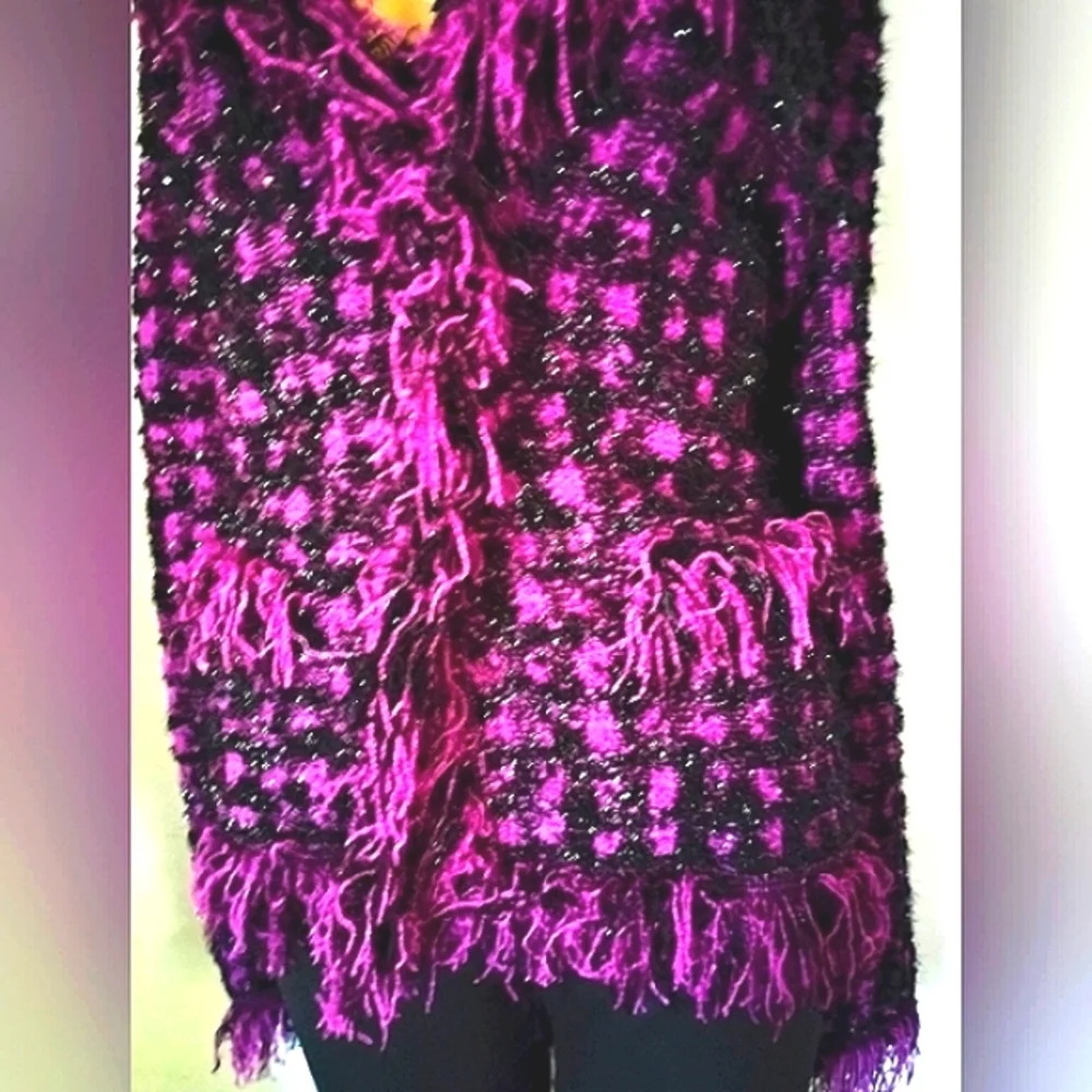 WOW! EXQUISITE ESCADA 40/10 KNIT WOOL TWEED BOUCLE PURPLE METALLIC FRINGE JACKET - Picture 6 of 13